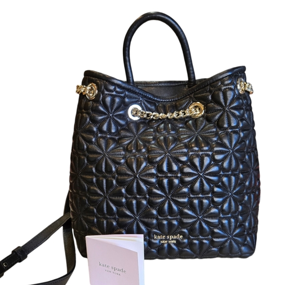 Kate Spade New York Quilted Leather Bloom Chain Strap Backpack Handbag in BLK - Picture 7 of 13
